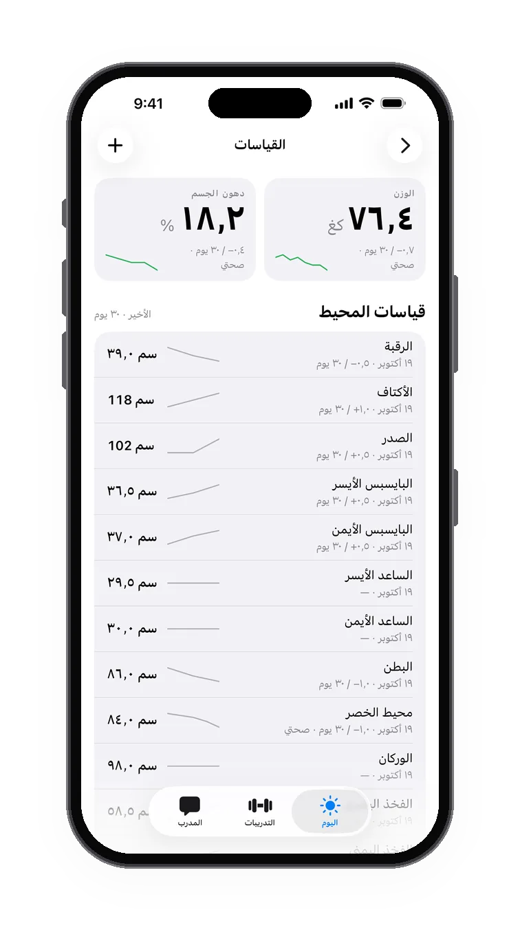 شاشة «القياسات»: الوزن ودهون الجسم في الأعلى، وقياسات المحيط مع اتجاهها في الأسفل
