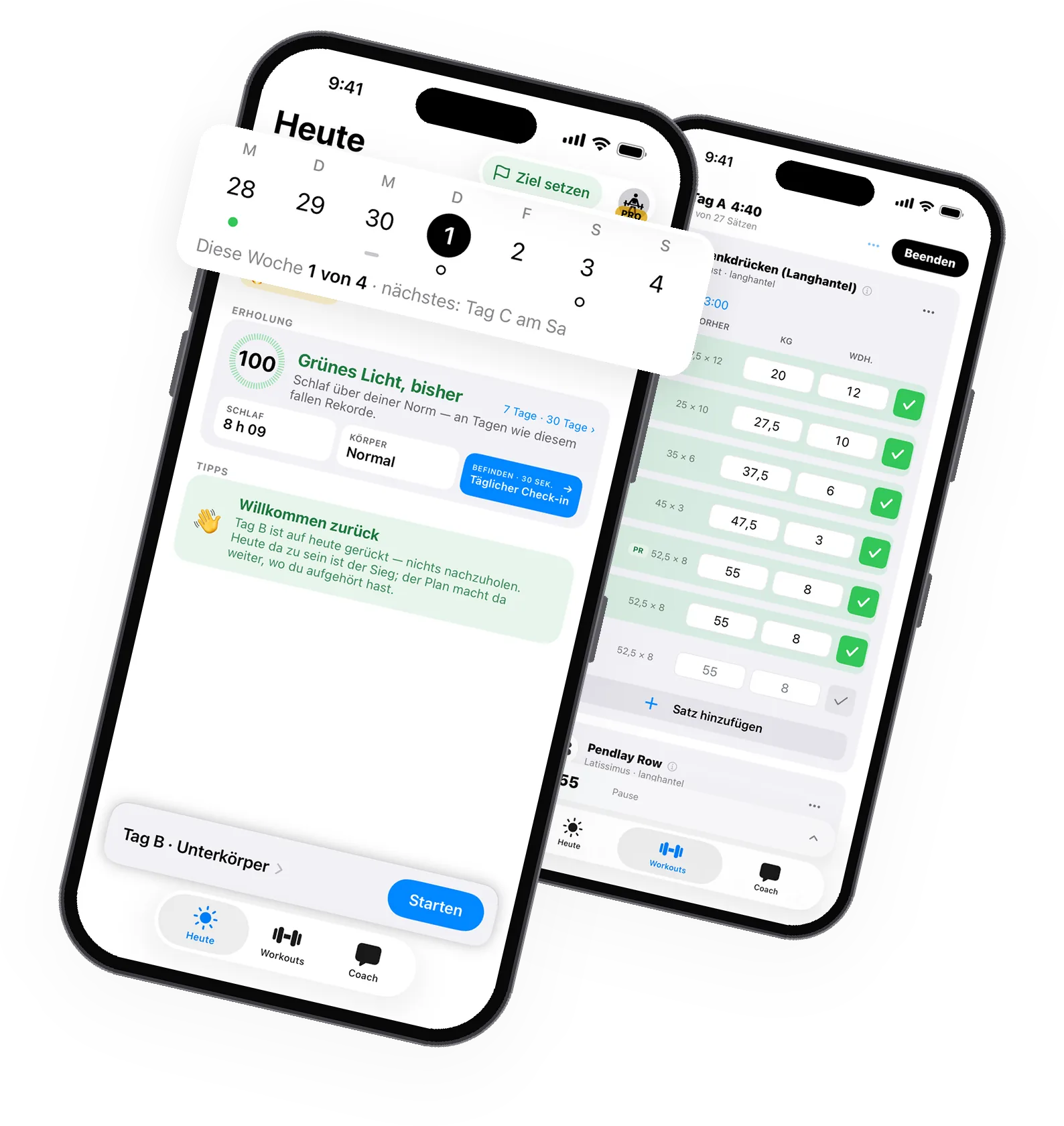 Zwei iPhones mit GymLift: „Heute“ mit deiner Woche oben, dem Tagesform-Score und dem Workout des Tages; dahinter der Workout-Logger mit zwei erledigten Sätzen