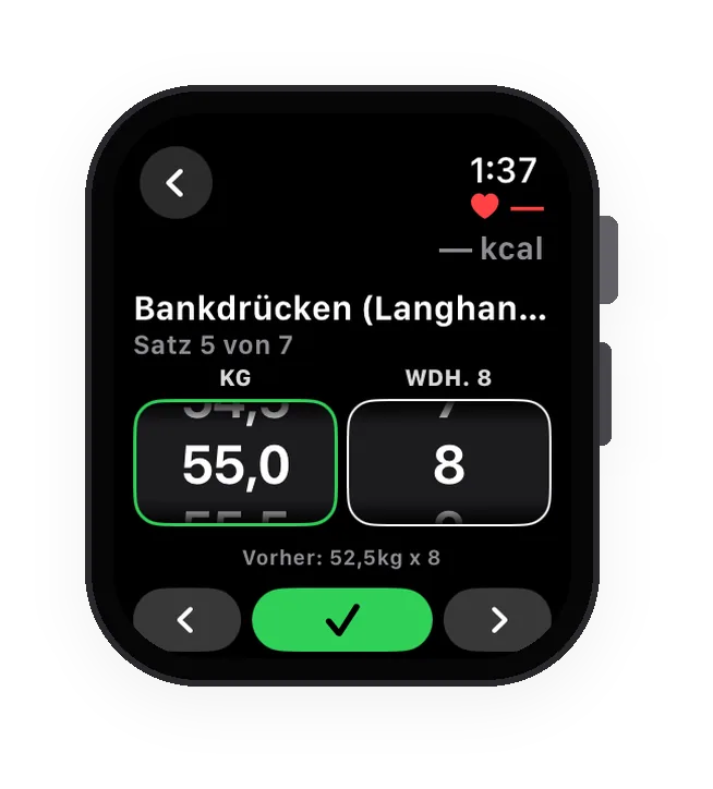 Dasselbe Workout auf der Apple Watch, in der Pause zwischen den Sätzen