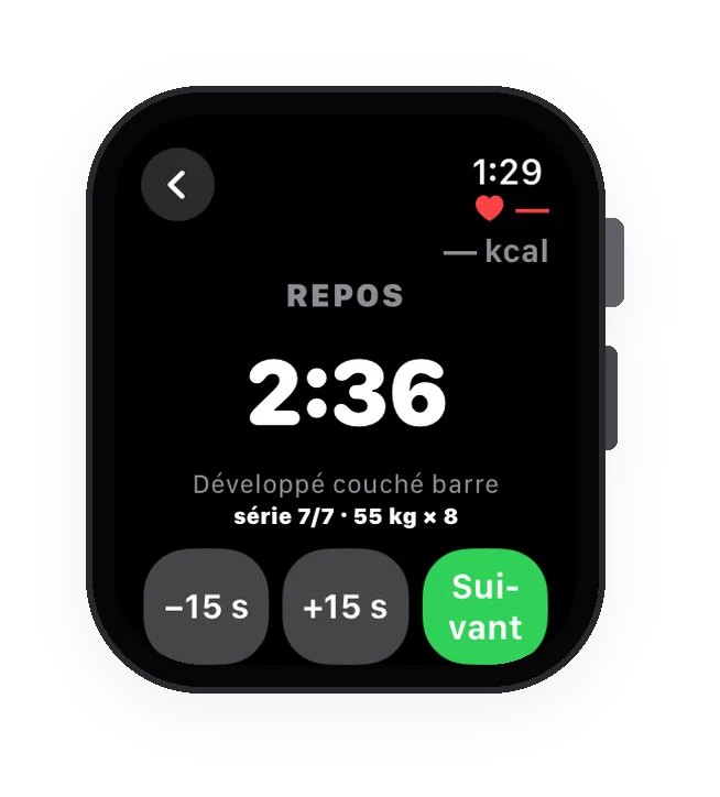 La même séance sur l’Apple Watch, au repos entre deux séries
