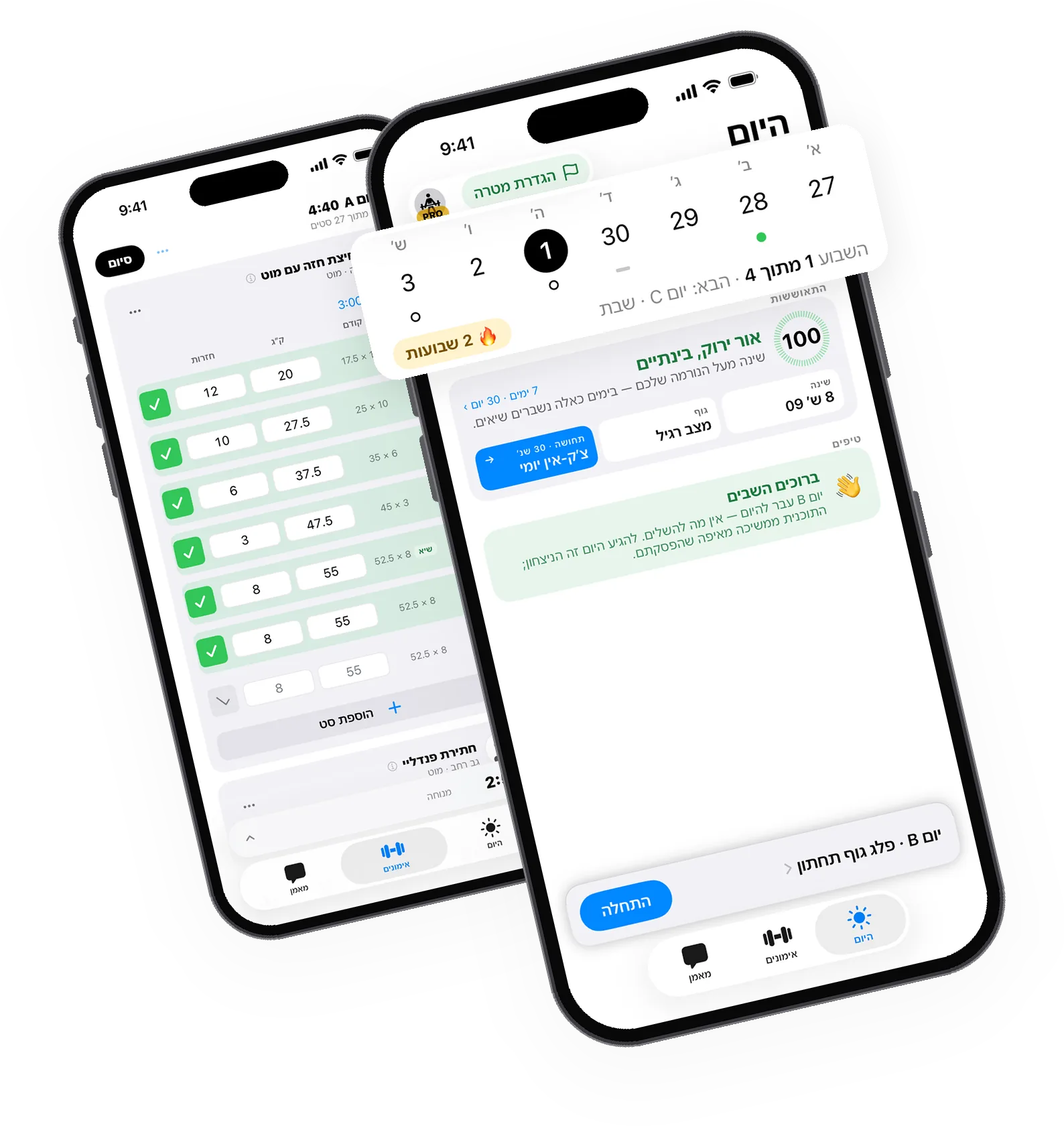 שני מכשירי iPhone עם GymLift: מסך היום עם השבוע שלכם למעלה, ציון המוכנות והאימון של היום; מאחוריו יומן האימונים עם שני סטים שבוצעו