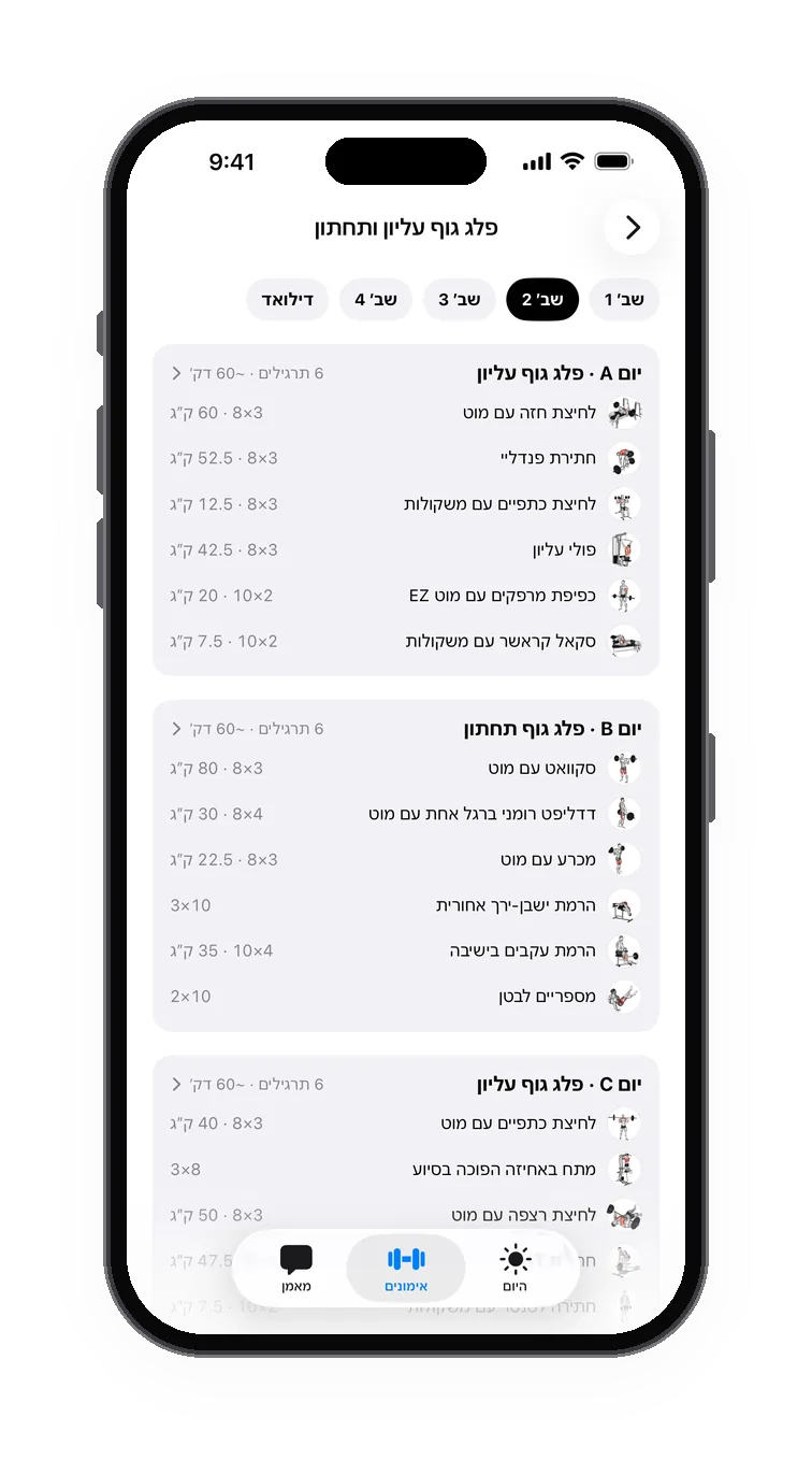 תוכנית האימונים שלכם מוכנה: שבועות, ימים ומשקלי פתיחה