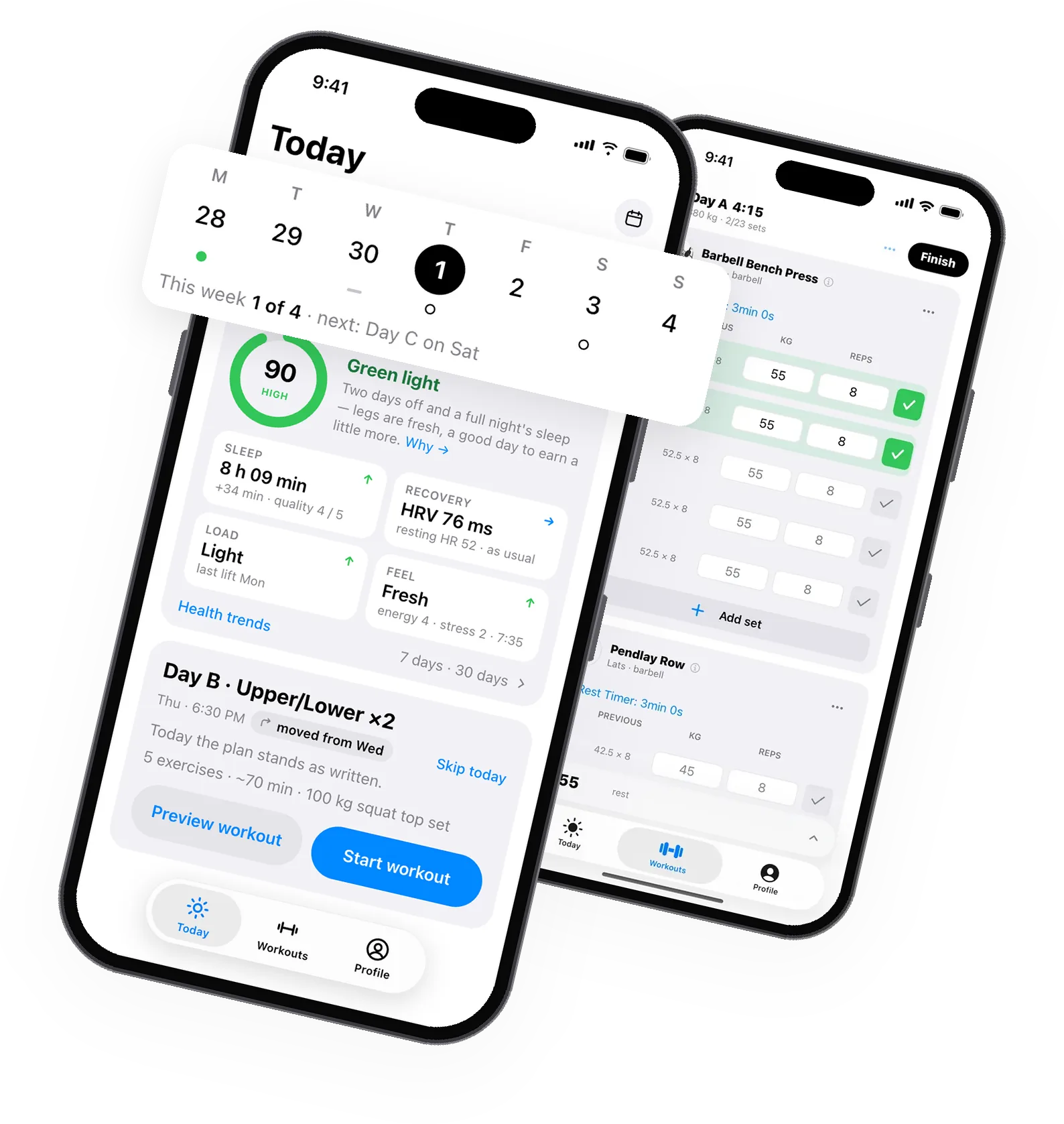 Two iPhones with GymLift: Today with your week on top, the readiness score and the day's workout; behind it the workout logger with two sets done