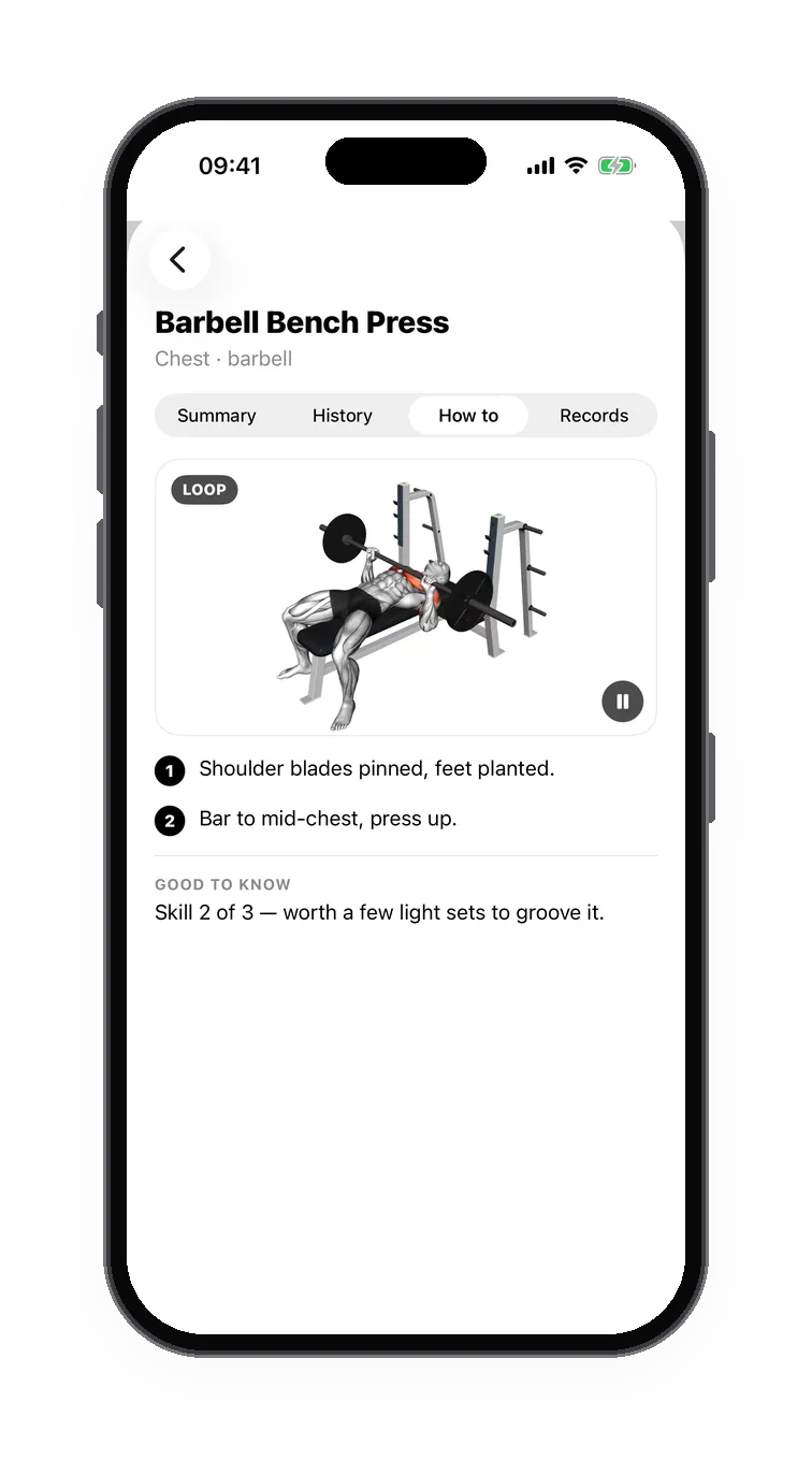 The exercise card with a looping demo of the bench press
