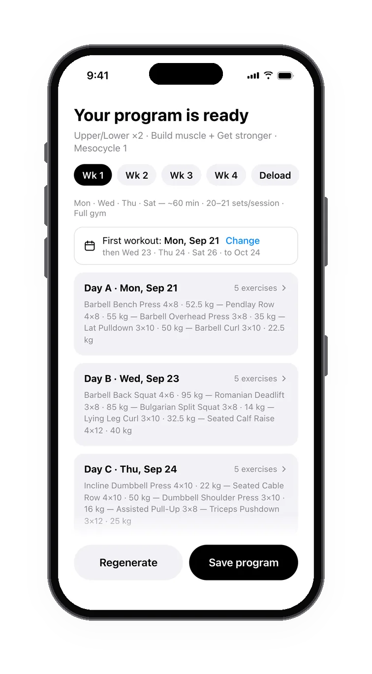 Your program is ready: weeks, days and starting weights