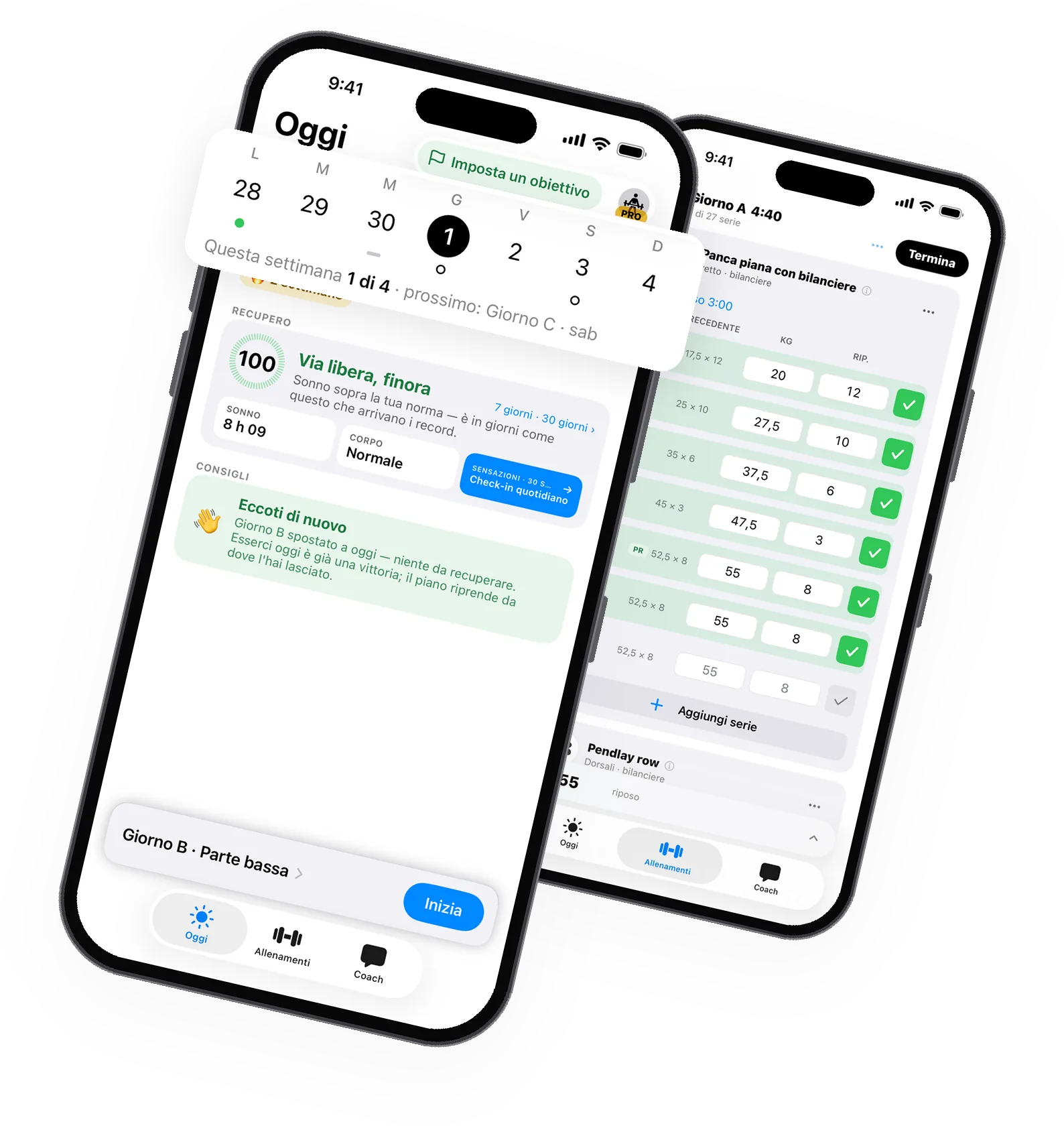 Due iPhone con GymLift: la schermata Oggi con la tua settimana in alto, il punteggio di prontezza e l'allenamento del giorno; dietro, il registro dell'allenamento con due serie fatte
