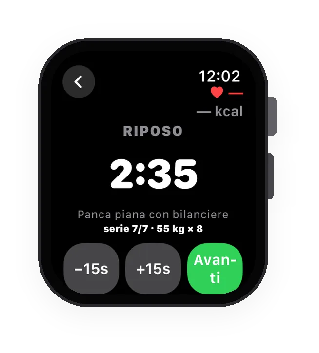 Lo stesso allenamento su Apple Watch, in riposo tra le serie