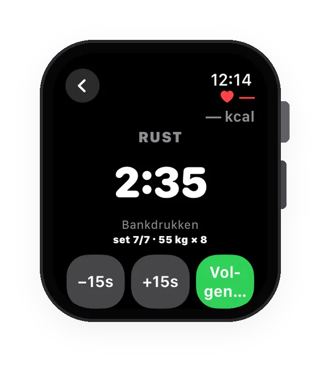 Dezelfde workout op de Apple Watch, in de rust tussen sets