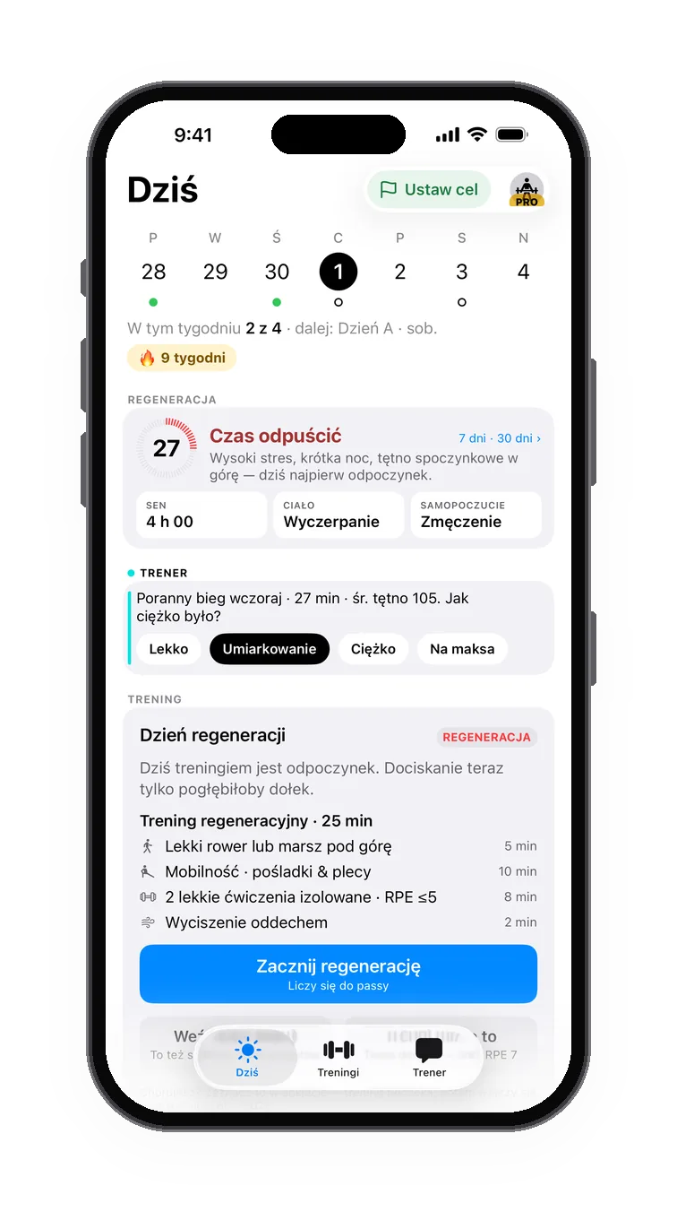 Zakładka Dziś w kiepski poranek: plan dopasowany, każda zmiana z powodem