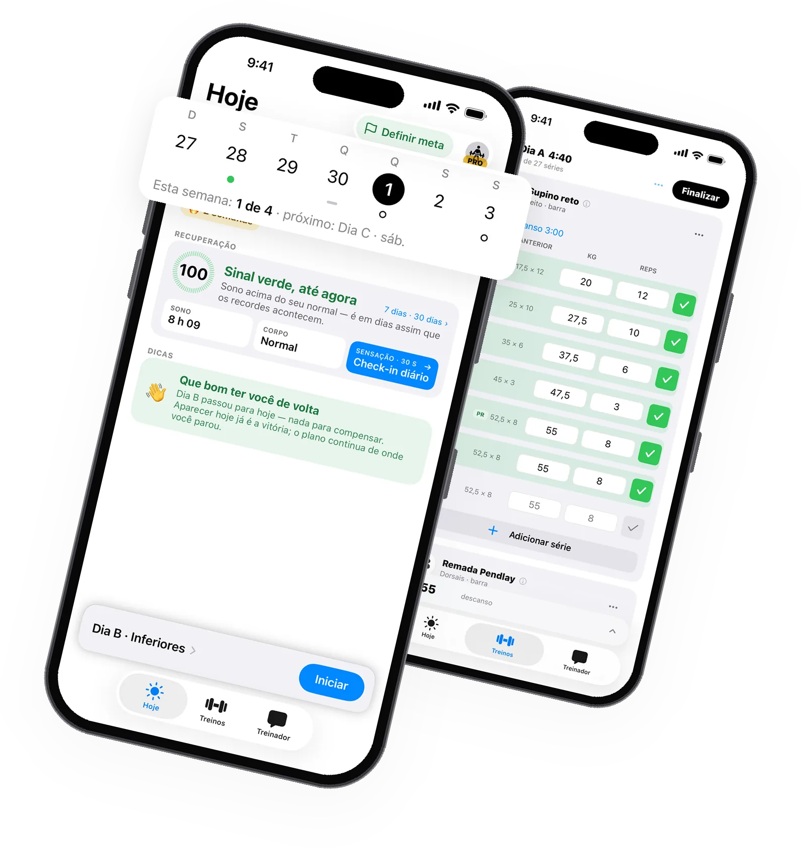 Dois iPhones com o GymLift: a tela Hoje, com a sua semana no topo, a pontuação de prontidão e o treino do dia; atrás dela, o registro de treino com duas séries feitas